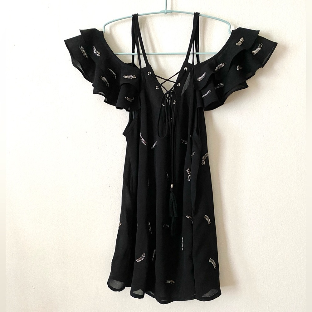The Kooples Embroidered Feather Chiffon Lace Up Front Off Shoulder Top XS